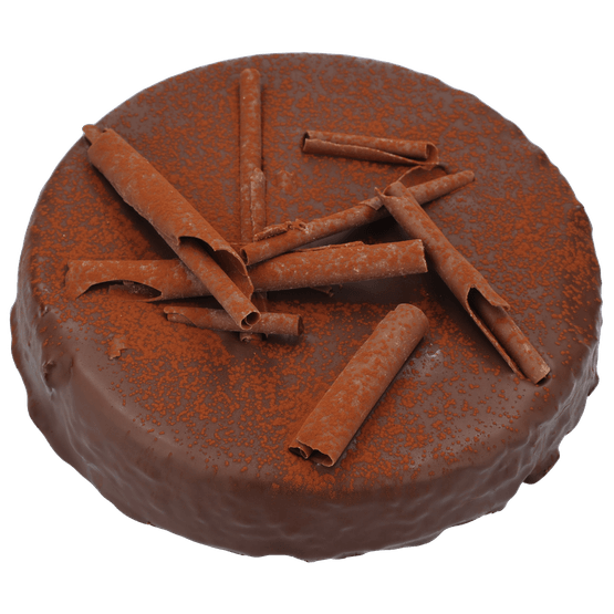 Foto van Chocolade sacher taartje 18 cm op witte achtergrond