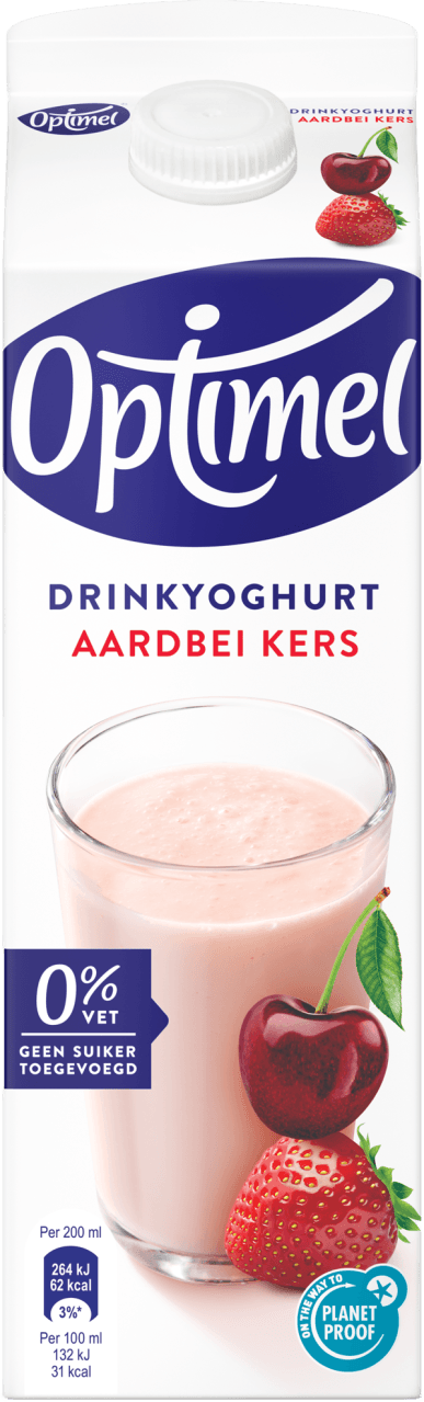 Foto van Optimel Drinkyoghurt aardbei-kers 0% vet op witte achtergrond