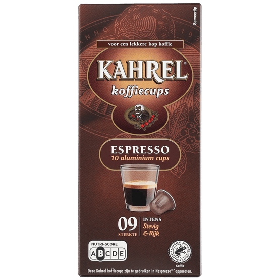 Foto van Kahrel Koffiecups espresso sterkte 9 op witte achtergrond