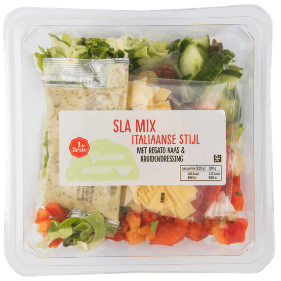 Foto van 1 de Beste Groene salade italiaanse mix met regato kaas & kruidendress op witte achtergrond