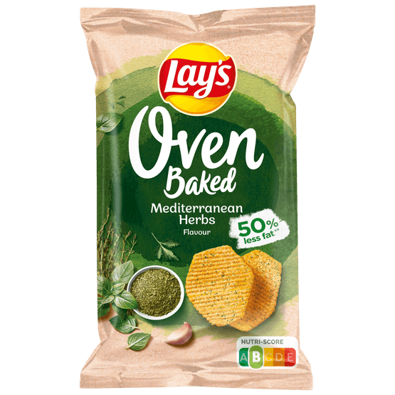 Foto van Lay's Oven chips mediterranean herbs op witte achtergrond
