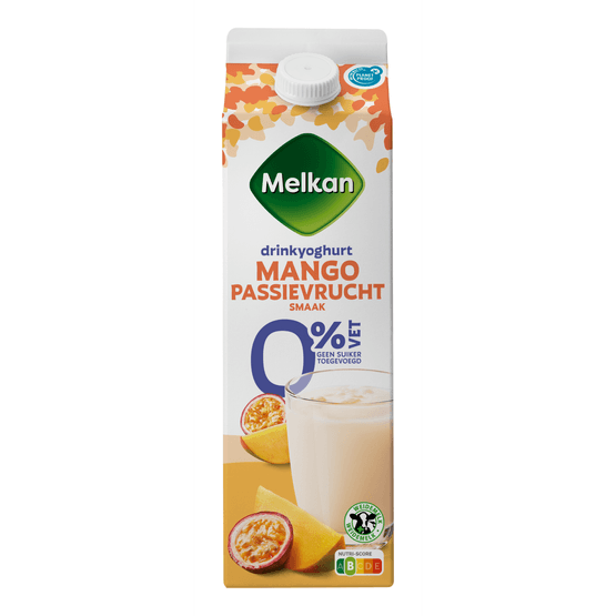 Foto van Melkan Zuiveldrink mango-passievrucht 0% vet op witte achtergrond