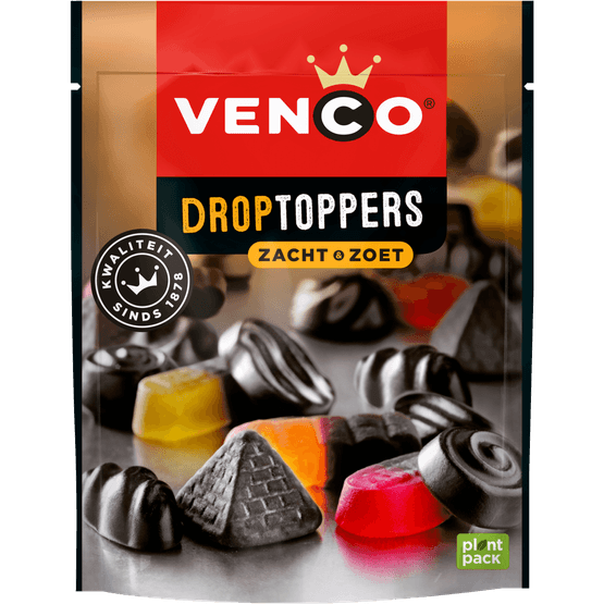 Foto van Venco Droptoppers zacht-zoet op witte achtergrond