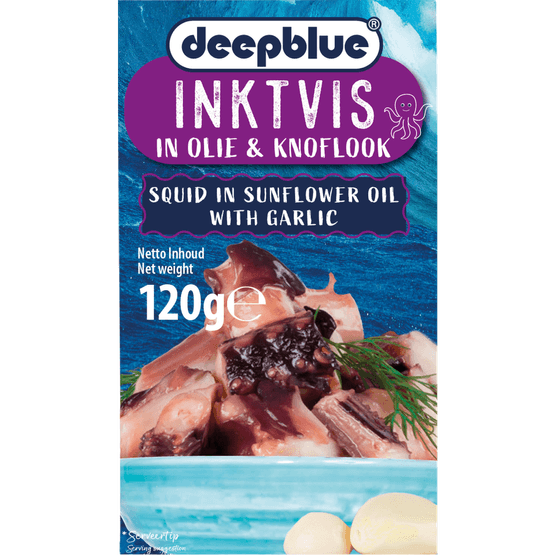 Foto van Deepblue Inktvis stukken in olie met knoflook op witte achtergrond