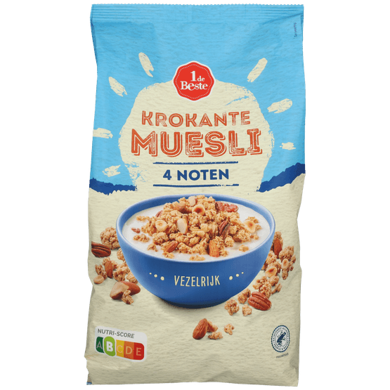 Foto van 1 de Beste Muesli krokant 4 noten op witte achtergrond