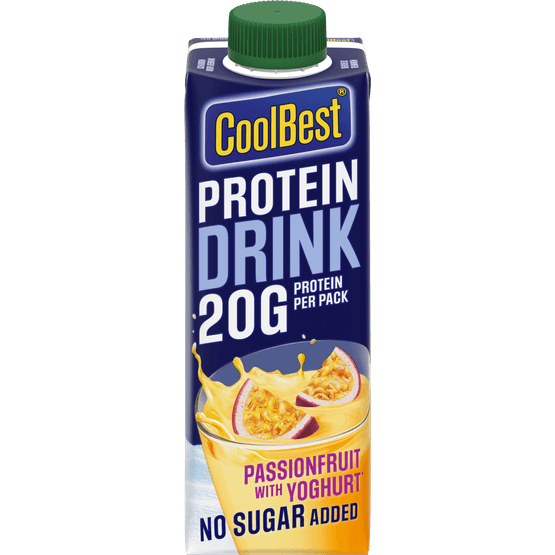 Foto van CoolBest Protein drink passionfruit op witte achtergrond
