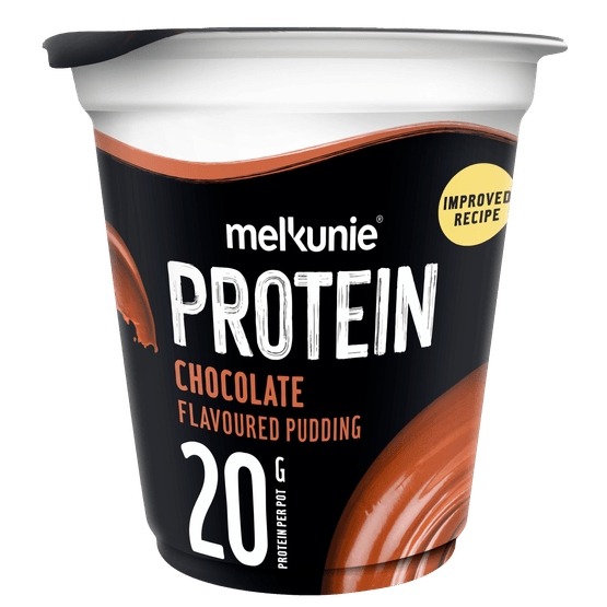 Foto van Melkunie Protein pudding chocolade op witte achtergrond