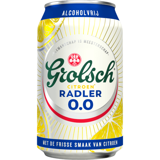 Foto van Grolsch Radler alcoholvrij citroen op witte achtergrond
