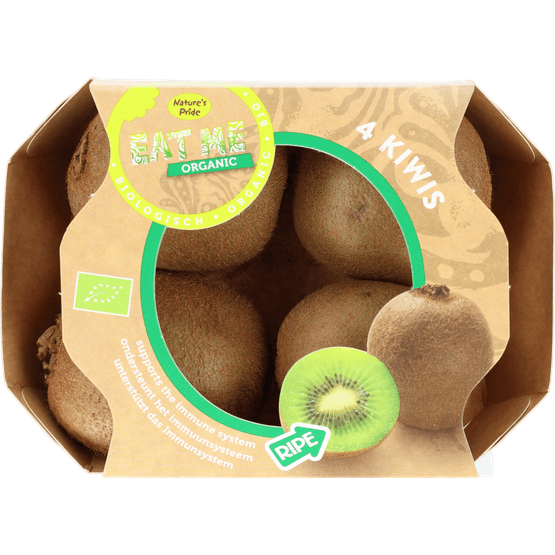 Foto van Eat Me Bio kiwi verpakt op witte achtergrond
