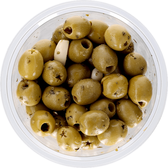 Foto van Bits & Bites Olijven knoflook groen op witte achtergrond