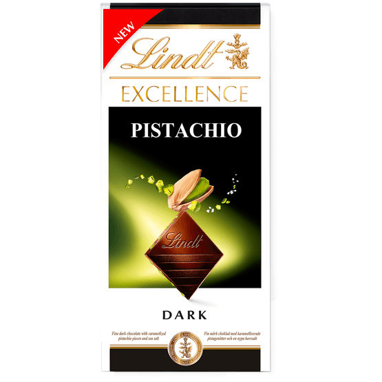 Foto van Lindt Chocoladereep dark pistache op witte achtergrond