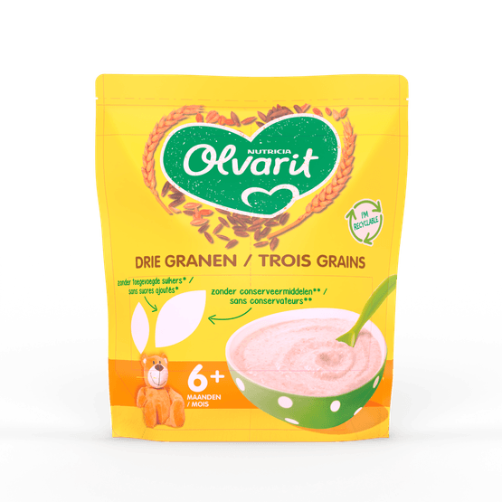 Foto van Olvarit Pap drie granen 6+ mnd op witte achtergrond