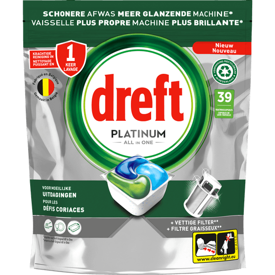 Foto van Dreft Vaatwastabletten platinum all-in-1 orig. 39 st. op witte achtergrond