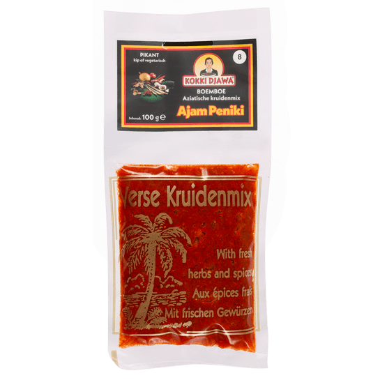 Foto van Kokki Djawa Boemboe ajam penik op witte achtergrond