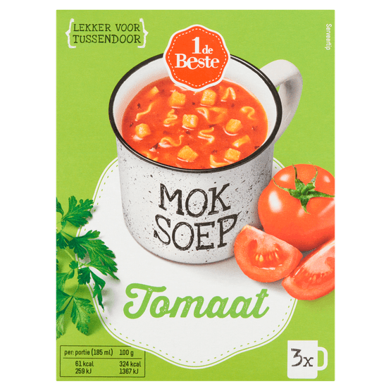 Foto van 1 de Beste 1 kop soep tomatensoep 3 st. op witte achtergrond