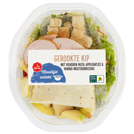 Foto van 1 de Beste Maaltijdsalade gerookte kip op witte achtergrond