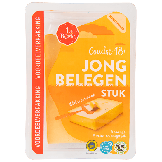 Foto van 1 de Beste Jong belegen kaas 48+ stuk op witte achtergrond