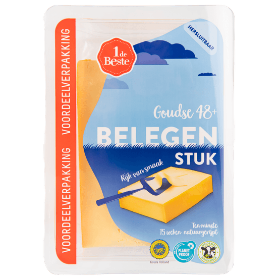 Foto van 1 de Beste Belegen kaas 48+ stuk op witte achtergrond