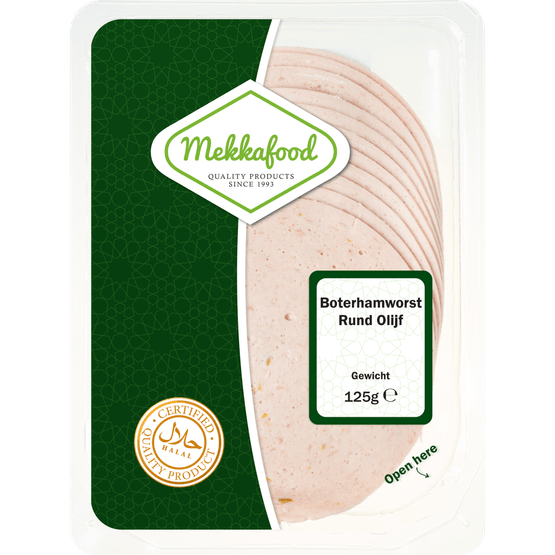 Foto van Mekkafood Boterhamworst rund olijf op witte achtergrond