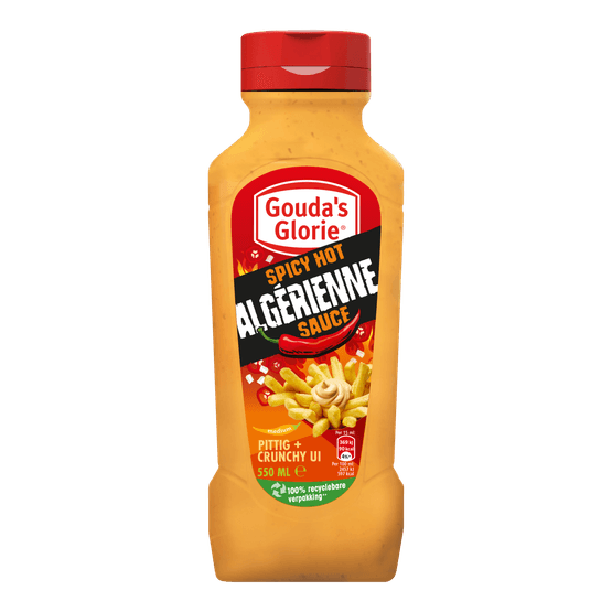 Foto van Gouda's Glorie algerienne saus op witte achtergrond