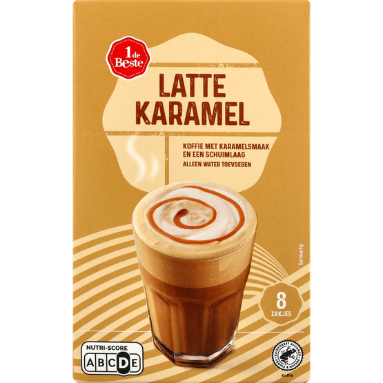 Foto van 1 de Beste Oploskoffie latte karamel 8 st. op witte achtergrond