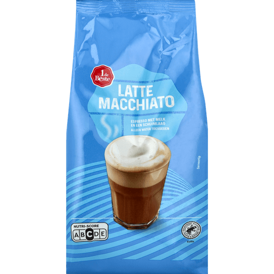 Foto van 1 de Beste Oploskoffie latte macchiato op witte achtergrond