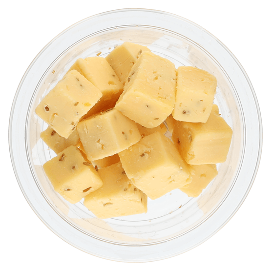 Foto van Bits & Bites Kaasblokjes jong belegen komijn op witte achtergrond