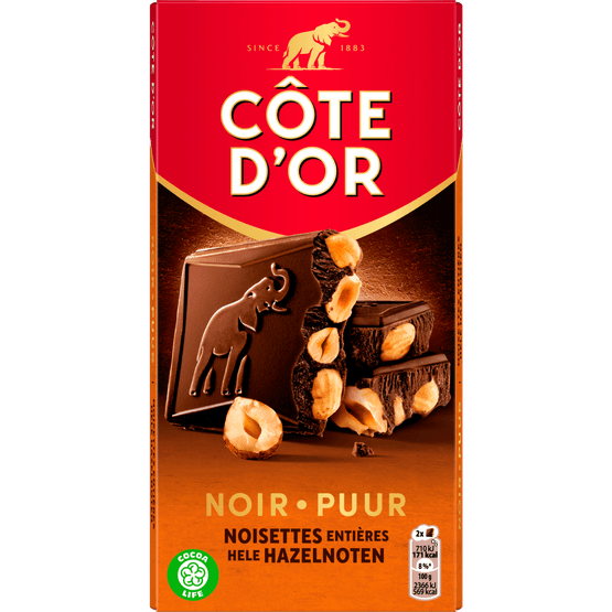 Foto van Côte d'Or Bloc chocoladereep puur hazelnoten op witte achtergrond