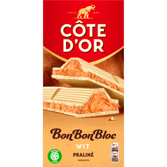 Foto van Côte d'Or Bonbonbloc praline wit op witte achtergrond