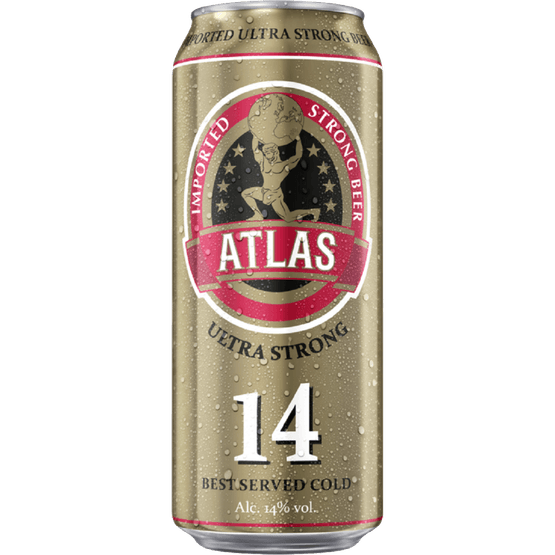 Foto van Atlas 14 ultra strong beer op witte achtergrond