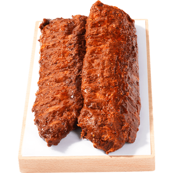 Foto van Vleeschmeesters Spareribs bbq gegaard op witte achtergrond