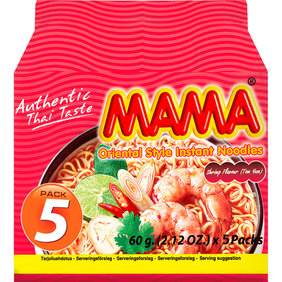 Foto van Mama Noodles garnaal op witte achtergrond