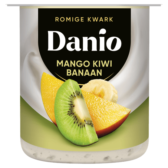 Foto van Danio Romige kwark mango kiwi banaan op witte achtergrond