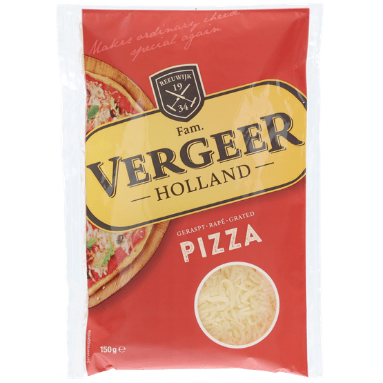 Foto van Vergeer Geraspte pizza kaas op witte achtergrond