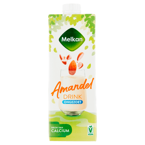 Foto van Melkan Amandeldrink ongezoet op witte achtergrond