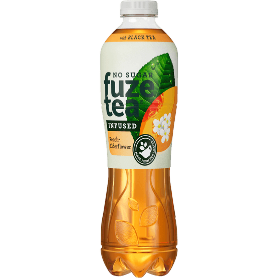 Foto van Fuze tea Peach elderflower no sugar op witte achtergrond