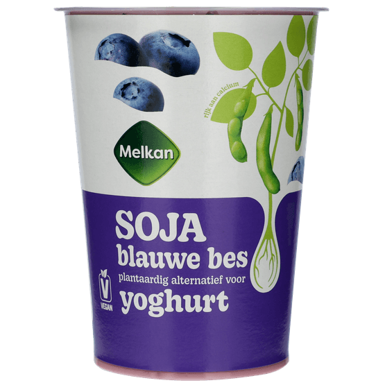Foto van Melkan Soja yoghurt blauwe bes op witte achtergrond