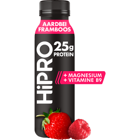 Foto van HiPRO Protein Drink Framboos Aardbei op witte achtergrond