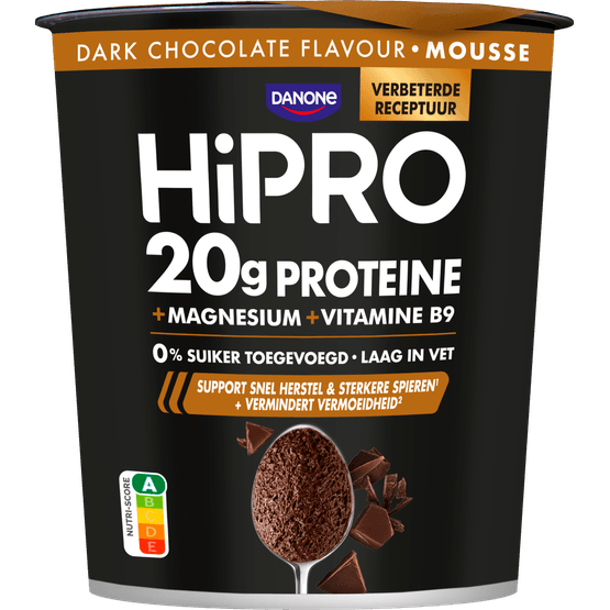 Foto van HiPRO Protein Mousse Dark Chocolade op witte achtergrond