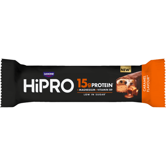 Foto van HIPRO Proteine bar karamel op witte achtergrond