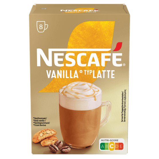 Foto van Nescafé Oploskoffie vanille latte 8 st. op witte achtergrond