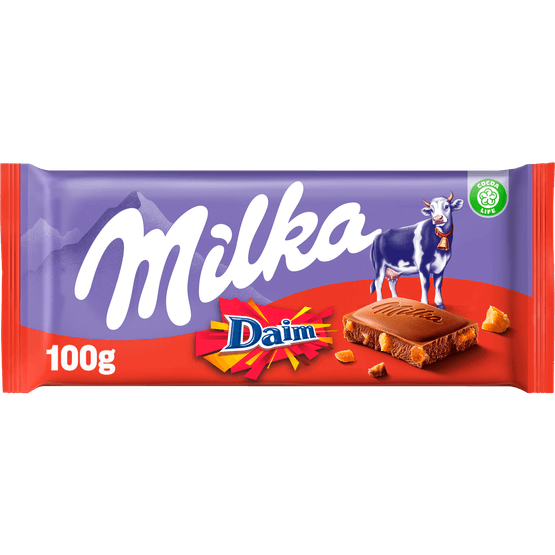 Foto van Milka Chocoladereep daim op witte achtergrond