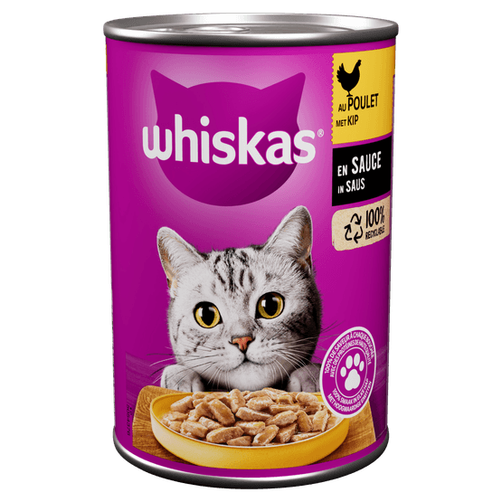 Foto van Whiskas Kattenvoer met kip in saus op witte achtergrond