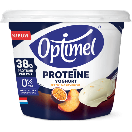 Foto van Optimel Yoghurt Griekse stijl perzik passievrucht protein op witte achtergrond