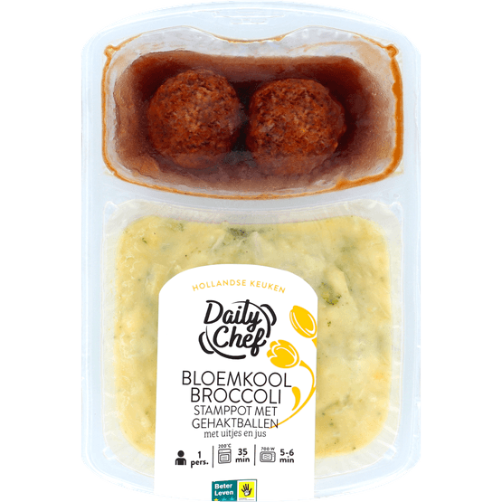 Foto van Daily Chef Bloemkool-broccoli stamppot met gehakballen op witte achtergrond