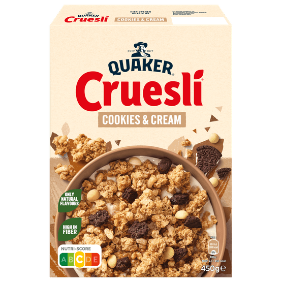 Foto van Quaker Cruesli cookies & cream op witte achtergrond
