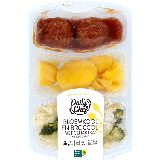 Foto van Daily Chef Bloemkool aardappelen met gehaktballen op witte achtergrond