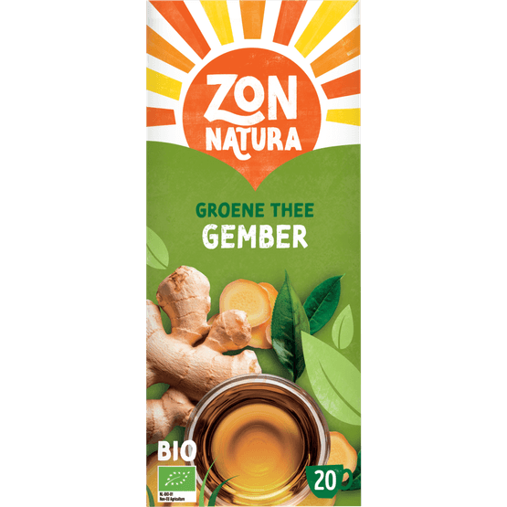 Foto van Zonnatura Biologische kruidenthee groene thee gember op witte achtergrond