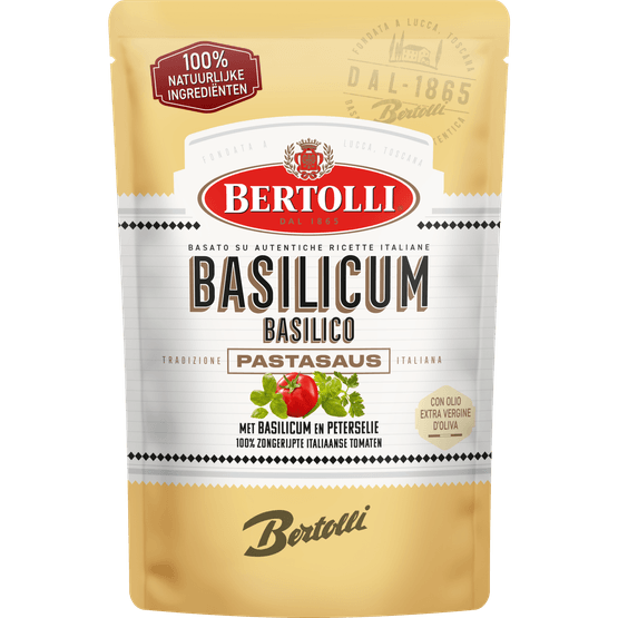 Foto van Bertolli Pastasaus basilico op witte achtergrond
