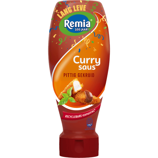 Foto van Remia Curry saus pittig gekruid op witte achtergrond
